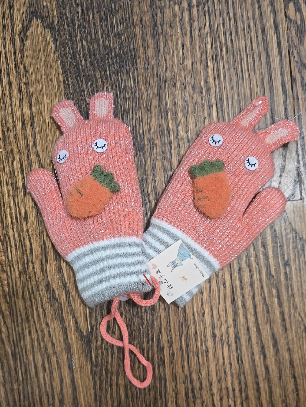 Toddler Pink Bunny Lined Mittens with Carrot Accent